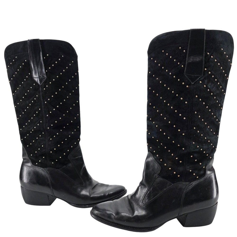 Vintage Cowboy Boots Vaneli Black Suede Studded Leather 7 M Western Italy Boho